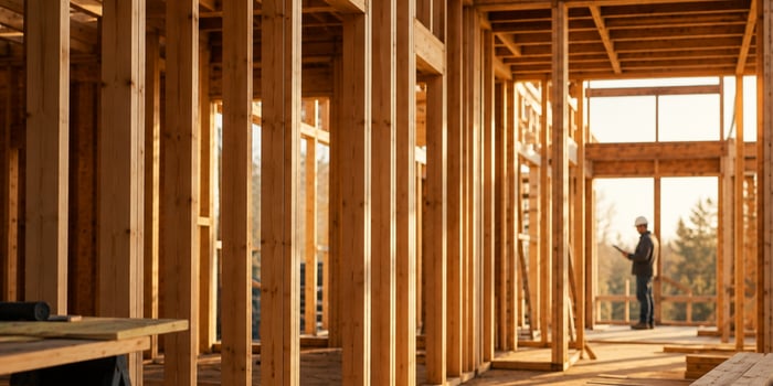 Builder reviewing Change Order documents on a tablet standing in an organized construction jobsite