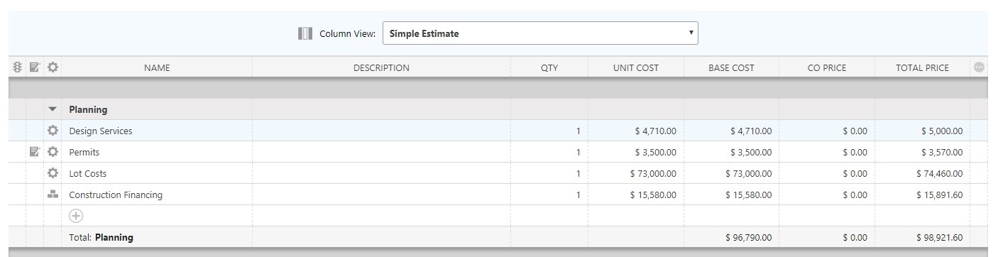 COL Simple estimate View