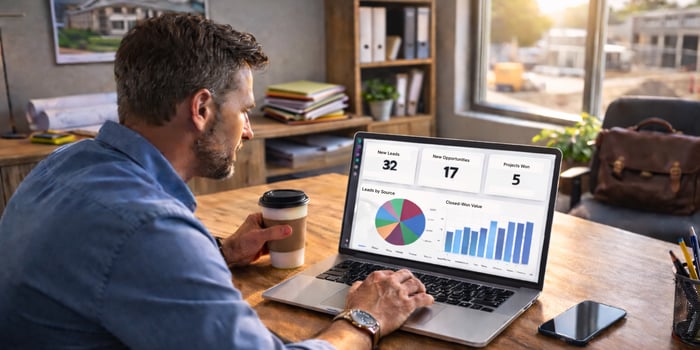 Construction Manager at desk reviewing ConstructionOnline's TrueVision Sales Dashboards | Construction Project Management Software | Construction Business Intelligence Software