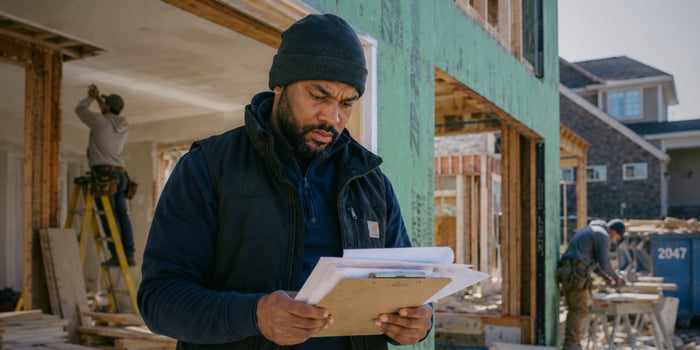 Contractor with clipboard reviewing construction change orders and project paperwork on job site